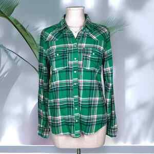 HOLLISTER Western Style Button Up Shirt Pearl Snap Flannel Green Pink Large
